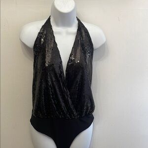 Black Sequin Halter Bodysuit Vintage By Joice Leslie made in USA